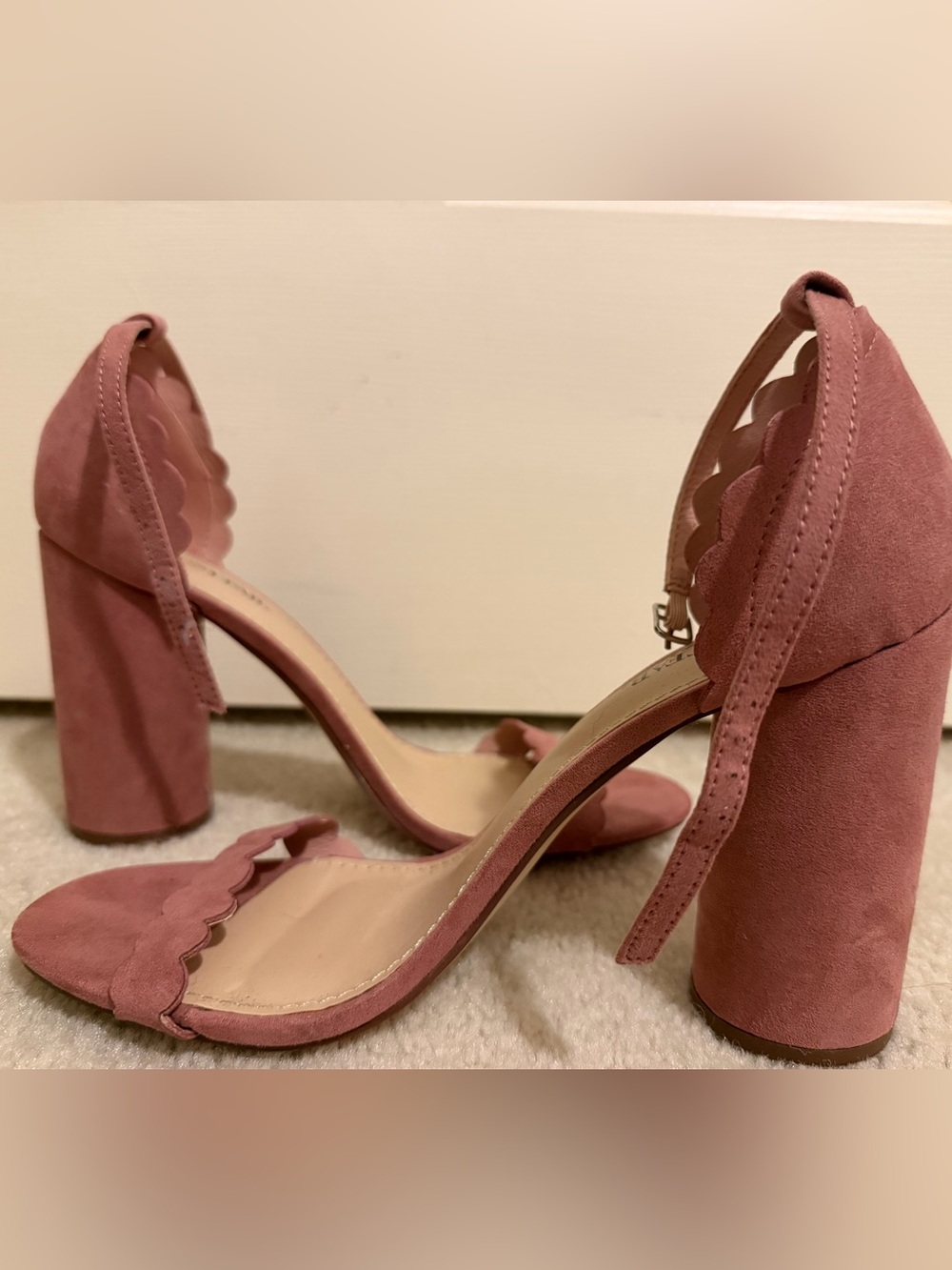 JustFab Scalloped Strap Block Heels in Dusty Rose